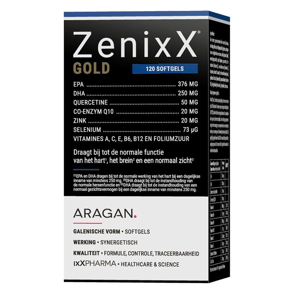 Zwarte doos Zenixx GOLD, 120 capsules. Bevat EPA, DHA, quercetine, co-enzym Q10, zink, selenium, vitaminen.