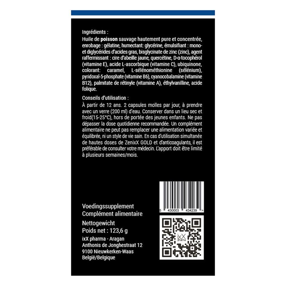 Dos de l'emballage Zenixx GOLD. Contient ingrédients, conseils d'utilisation et informations nutritionnelles.
