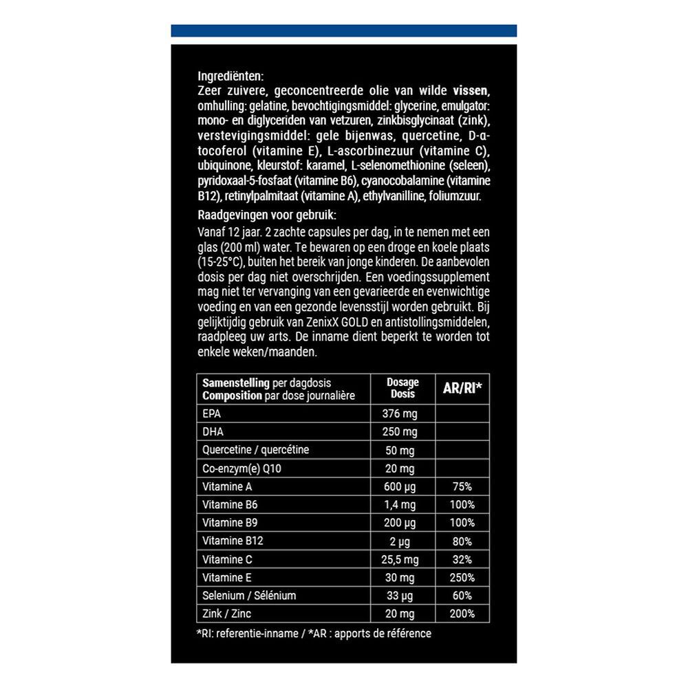 Achterkant van de Zenixx GOLD verpakking. Bevat ingrediënten, gebruiksaanwijzing en voedingswaarde.