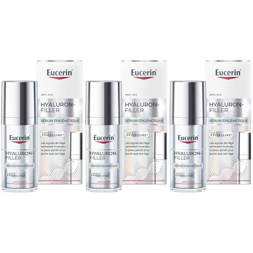 Plusieurs flacons et emballages de Eucerin Hyaluron-Filler Sérum Épigénétique.