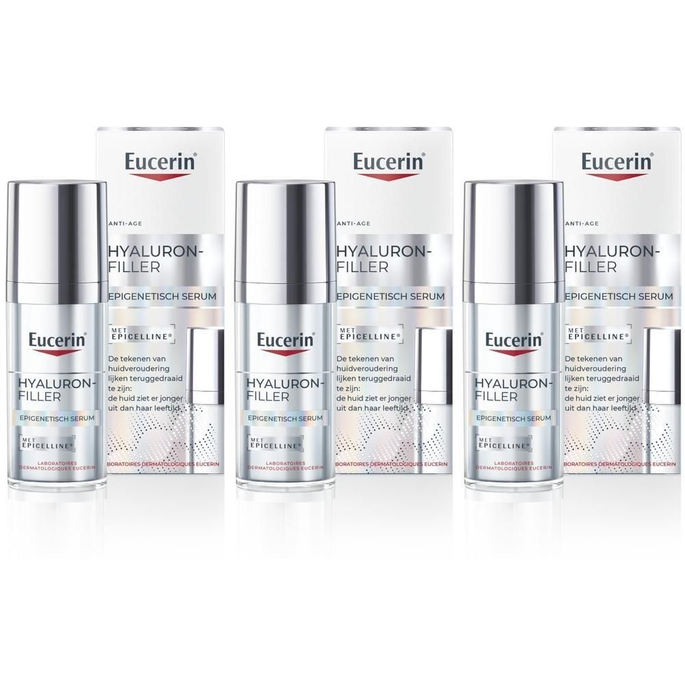 Meerdere flessen en verpakkingen van Eucerin Hyaluron-Filler Sérum Épigénétique.