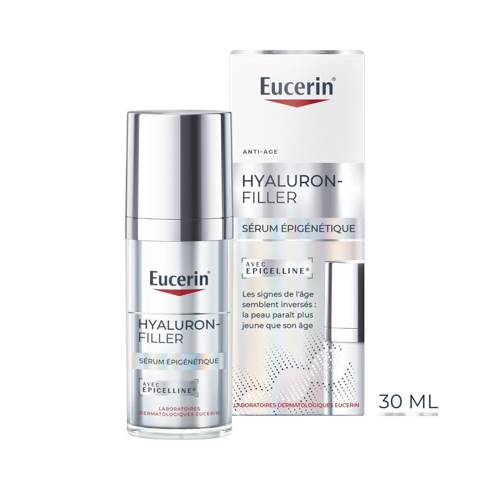 Eucerin Hyaluron-Filler Sérum Épigénétique, flacon et emballage. 30 ml.