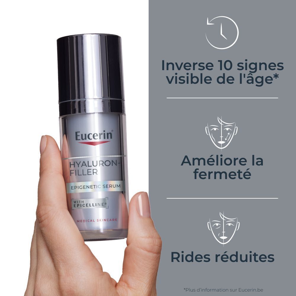 Main tenant Eucerin Hyaluron-Filler Sérum Épigénétique. Texte: Inverse 10 signes visible de l'âge, Améliore la fermeté, Rides réduites.