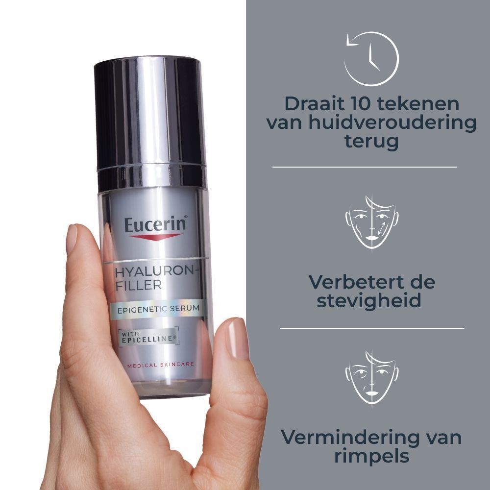 Hand houdt Eucerin Hyaluron-Filler Sérum Épigénétique vast. Tekst: Draait 10 tekenen van huidveroudering terug, Verbetert de stevigheid, Vermindering van rimpels.