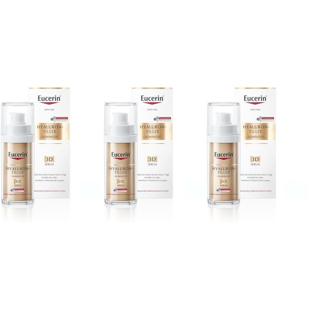 Trois flacons de sérum Eucerin Hyaluron-Filler + Elasticity 3D avec emballage.
