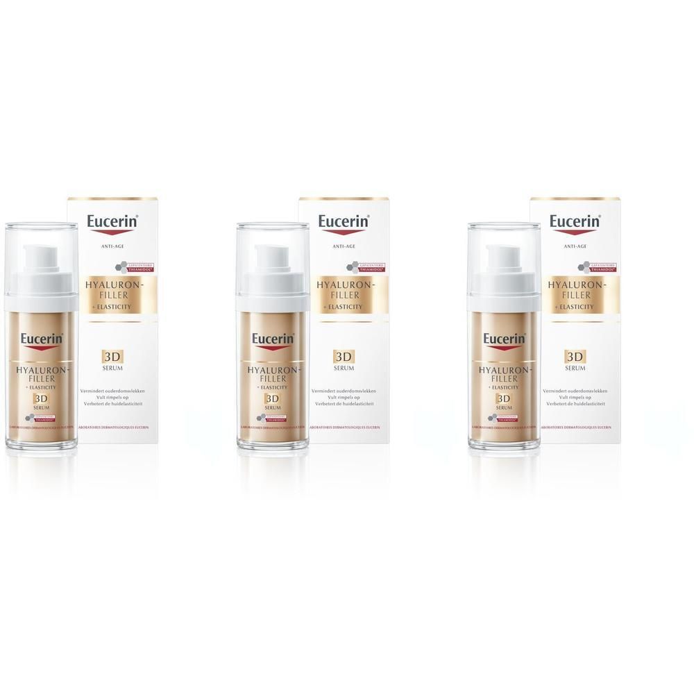 Drie flacons Eucerin Hyaluron-Filler + Elasticity 3D Serum met verpakking.