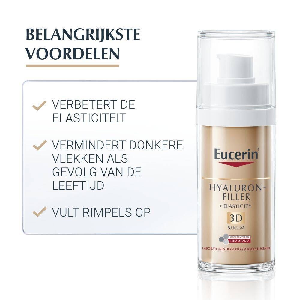Eucerin Hyaluron-Filler + Elasticity 3D Serum. Voordelen: elasticiteit, minder vlekken, minder rimpels.