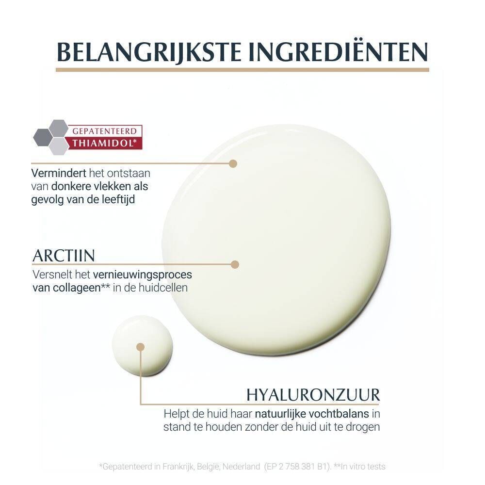 Belangrijkste ingrediënten: Thiamidol, Arctiin, Hyaluronzuur. Vermindert vlekken, bevordert collageen, hydrateert.