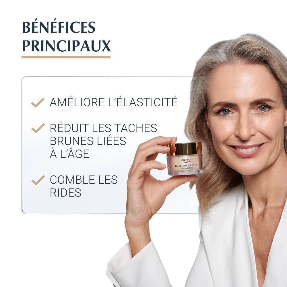 Femme tenant un pot de Eucerin Hyaluron-Filler + Elasticity. Texte : Améliore l'élasticité, réduit les taches brunes, comble les rides.