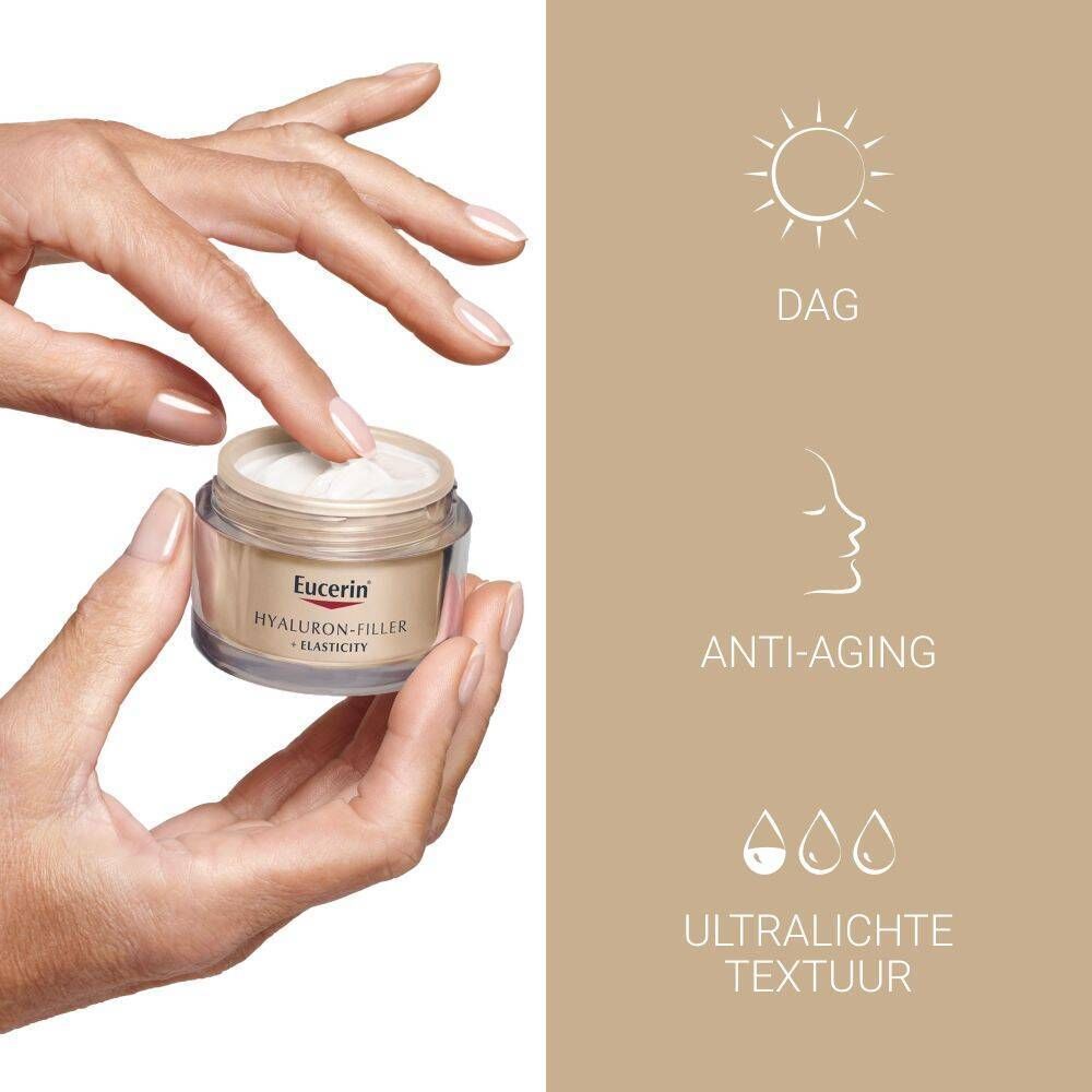 Handen raken crème uit een potje aan. Tekst: Anti-aging, ultralichte textuur, dag. Eucerin Hyaluron-Filler + Elasticity.