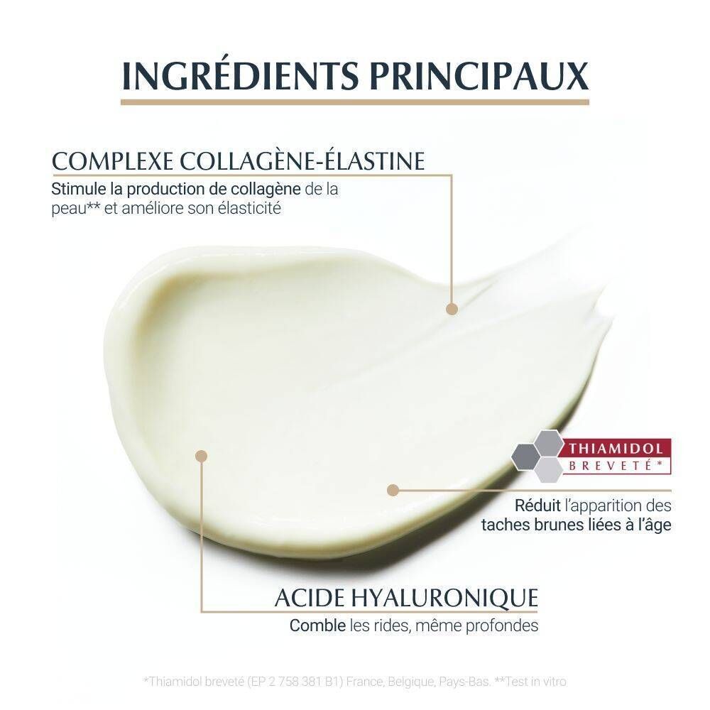 Texture de crème avec texte : Complexe collagène-élastine, acide hyaluronique, Thiamidol. Réduit les taches brunes.