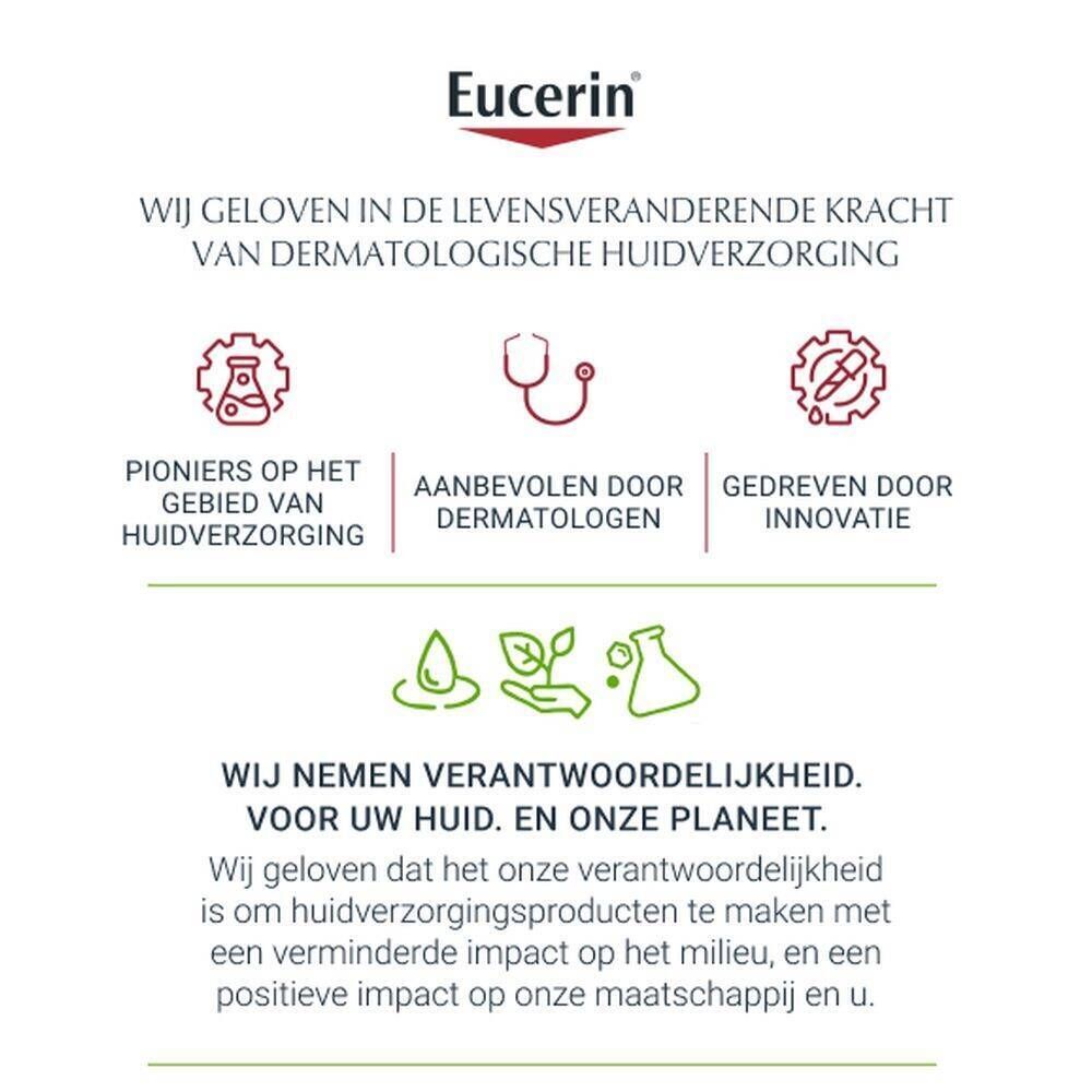 Tekst: Eucerin. Pioniers in huidverzorging, aanbevolen door dermatologen, betrokken bij innovatie. Milieu-engagement.