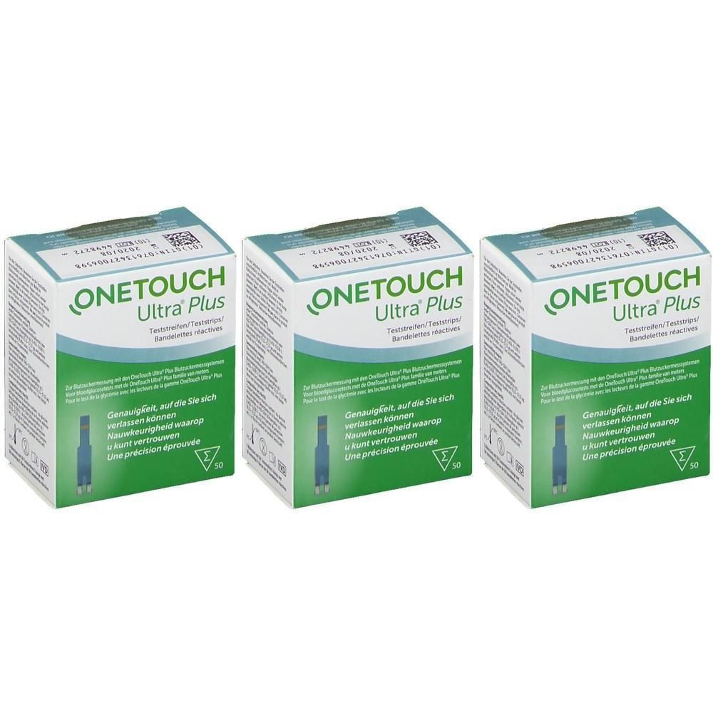 Trois boîtes ONETOUCH Ultra Plus. Chaque boîte contient 50 bandelettes. Design vert et blanc.