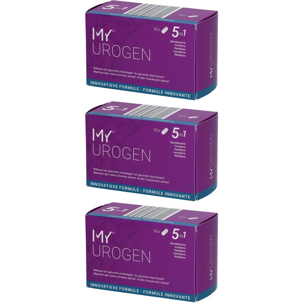 Drie dozen van het product MY UROGEN. Paarse verpakking met witte tekst. Elke doos heeft "5 in 1".