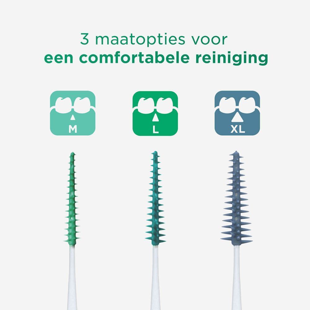 GUM® SOFT-PICKS® ORIGINAL M. Drie maten: M, L, XL. Groene, blauwe en grijze borstelkoppen. Productnaam en logo.