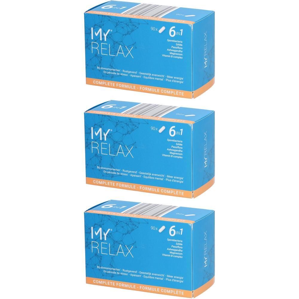 Trois boîtes bleues avec l'inscription "MY RELAX". Chaque boîte affiche "6 en 1" et d'autres informations.
