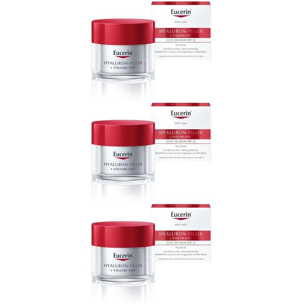 Trois pots Eucerin Hyaluron-Filler + Volume-Lift Soin de Jour SPF15 Peau Sèche, couvercle rouge et emballage.