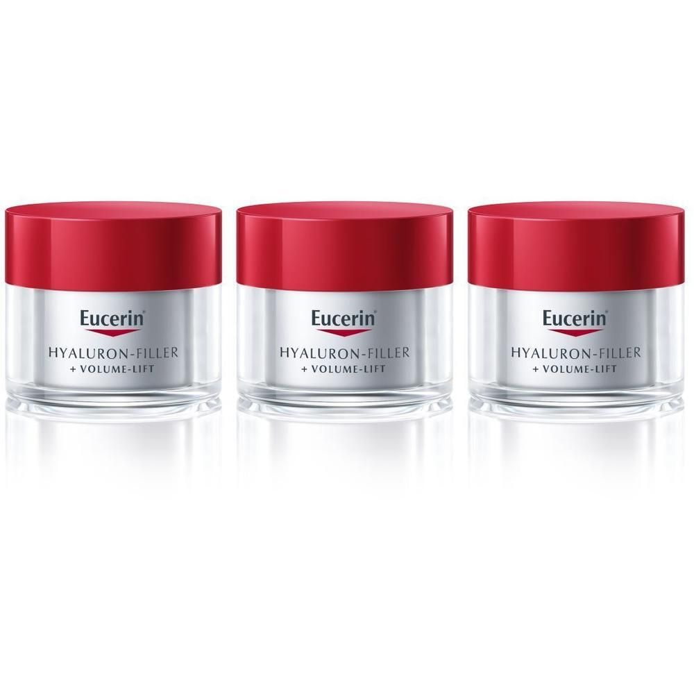Drie potten Eucerin Hyaluron-Filler + Volume-Lift Soin de Jour SPF15 Peau Sèche, met rode deksel.