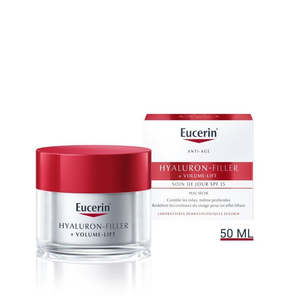 Pot Eucerin Hyaluron-Filler + Volume-Lift Soin de Jour SPF15 Peau Sèche avec emballage. 50 ml.