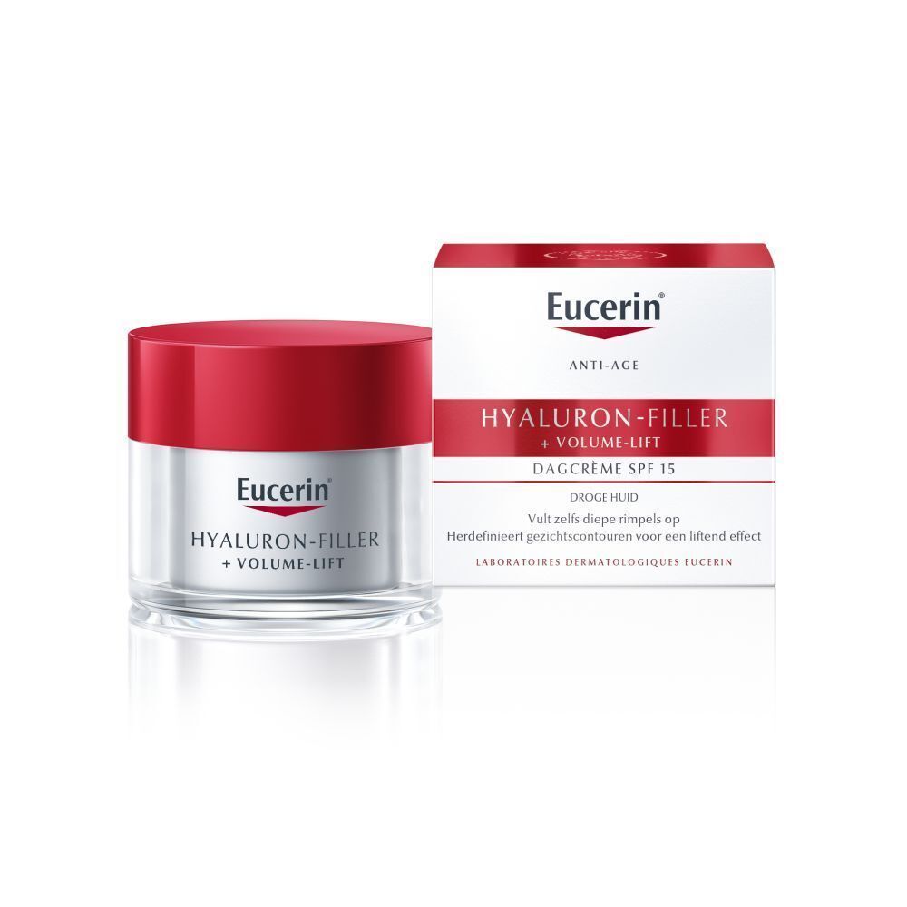 Pot Eucerin Hyaluron-Filler + Volume-Lift Dagcrème SPF15 voor de droge huid met verpakking. 50 ml.