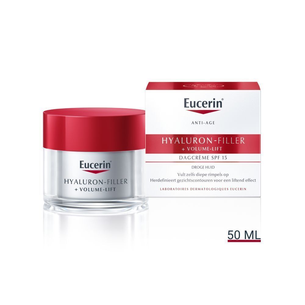 Pot Eucerin Hyaluron-Filler + Volume-Lift Dagcrème SPF15 voor de droge huid met verpakking. 50 ml.