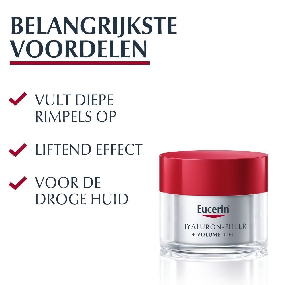Voordelen: Vult rimpels op, liftend effect, voor de droge huid. Product Eucerin Hyaluron-Filler + Volume-Lift.