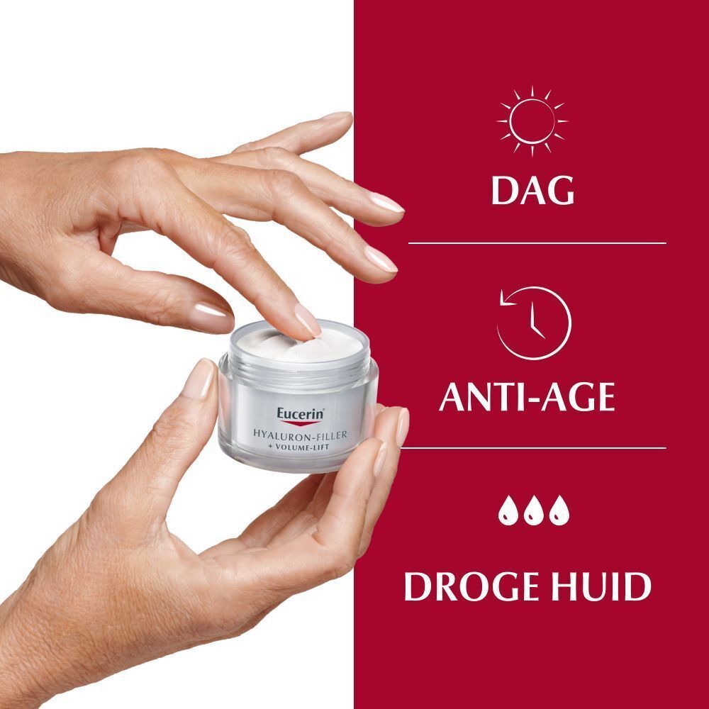 Handen houden een pot Eucerin Hyaluron-Filler + Volume-Lift. Symbolen: Dag, Anti-age, droge huid.