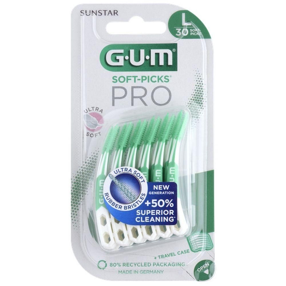 Verpakking GUM® SOFT-PICKS® PRO. Groene borstelkoppen, witte handgreep. Bevat 30 stuks. 'Ultra Soft' en 'New Generation'.