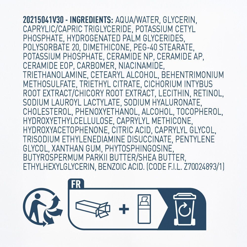 Ingrediënten van CeraVe Skin Renewing Retinol Serum. Tekst op witte achtergrond.