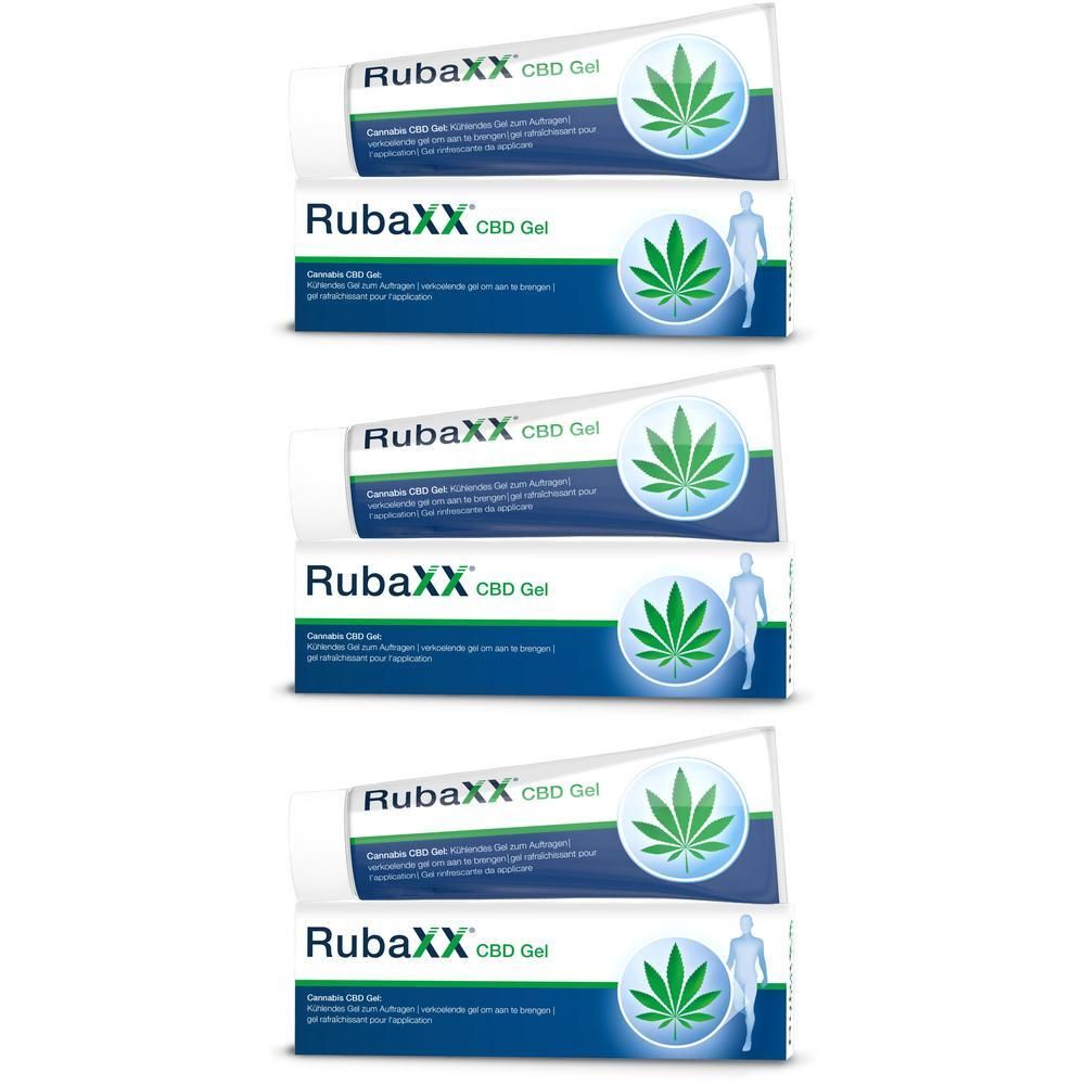 Plusieurs tubes de Rubaxx CBD Gel. Tubes blancs avec logo et texte verts. Inscription : Cannabis CBD Gel.