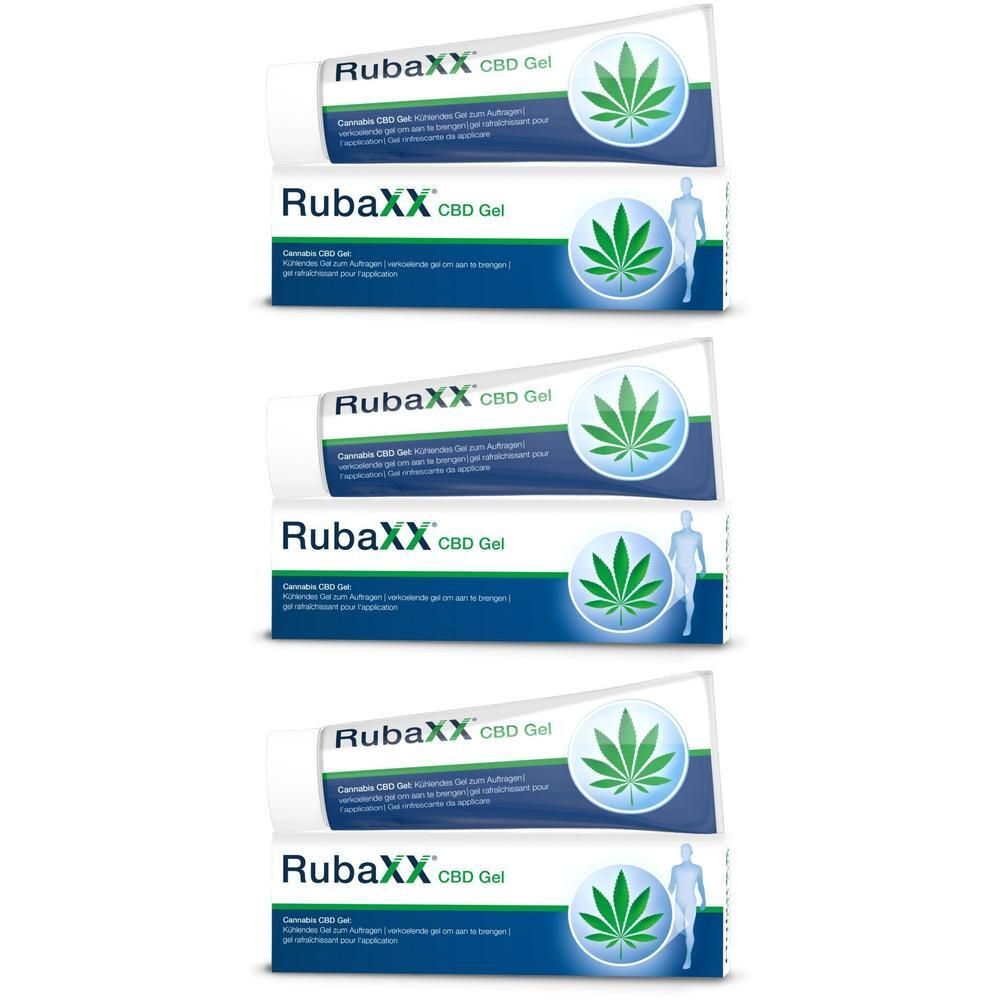 Meerdere tubes Rubaxx CBD Gel. Witte tubes met groen logo en tekst. Opschrift: Cannabis CBD Gel.
