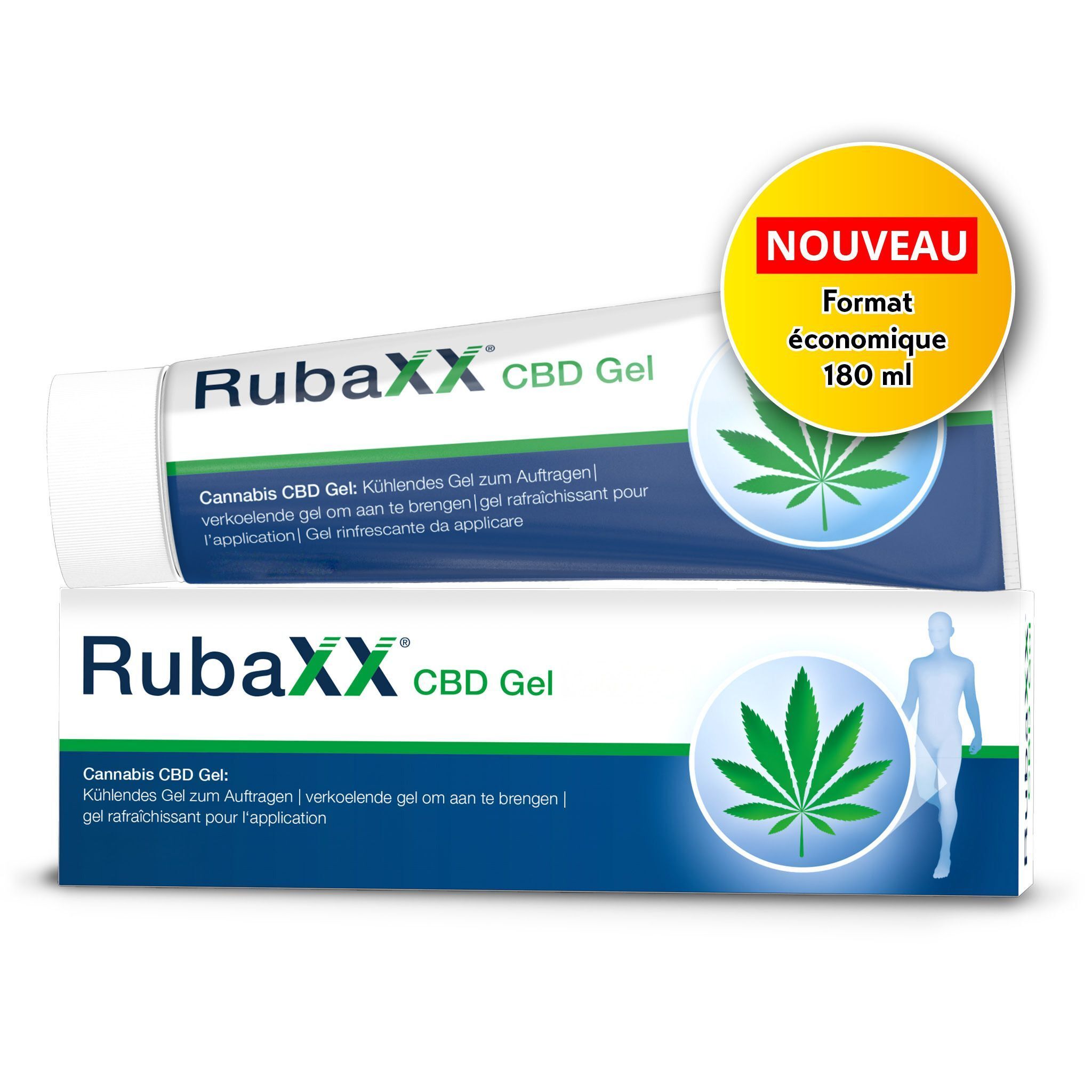 Tube et emballage Rubaxx CBD Gel. Blanc avec logo et texte verts. Inscription : Cannabis CBD Gel. Gel de 180 ml.