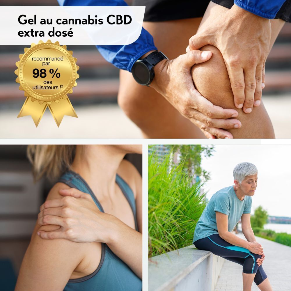 Collage d'images. Personnes souffrant de douleurs. Prix d'or avec 98% de satisfaction. Texte : Gel au cannabis CBD extra dosé.