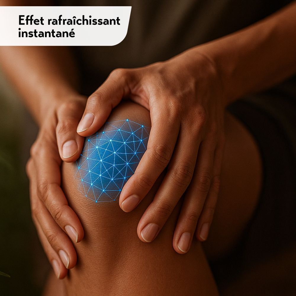 Personne souffrant de douleurs au genou. Graphique bleu sur le genou. Texte : Effet rafraîchissant instantané.