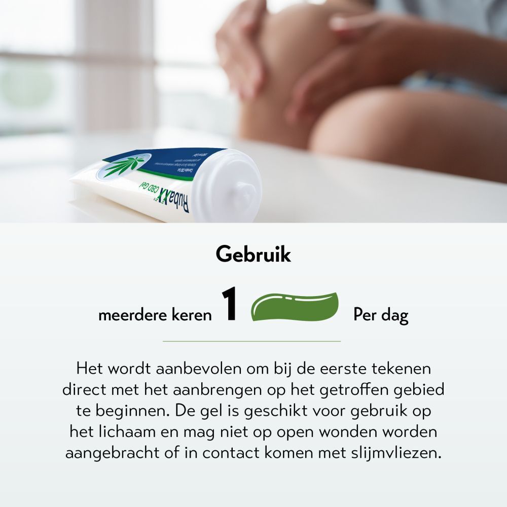 Tube Rubaxx CBD Gel. Tekst: Utilisation. 1 keer per dag. Tekst: Il est recommandé de commencer immédiatement.