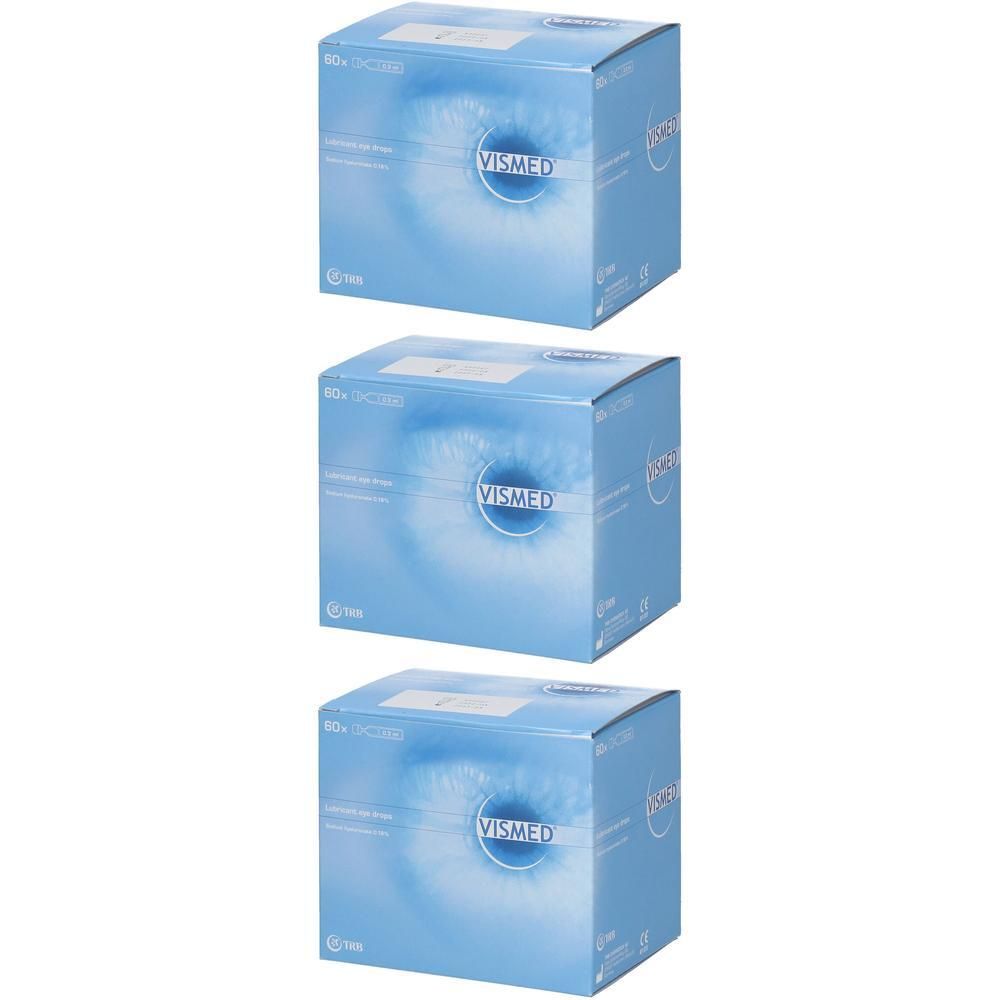 Drie blauwe dozen met het Vismed logo. Op de dozen is een oog afgebeeld. Tekst: Lubrifiant Oculaire.