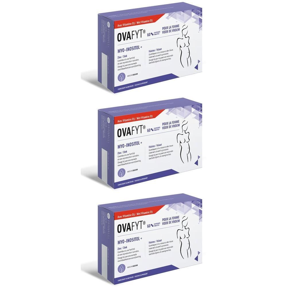 Trois boîtes OVAFYT, emballage blanc et violet. Inscription : Myo-Inositol, Vitamine D3. Silhouette féminine.