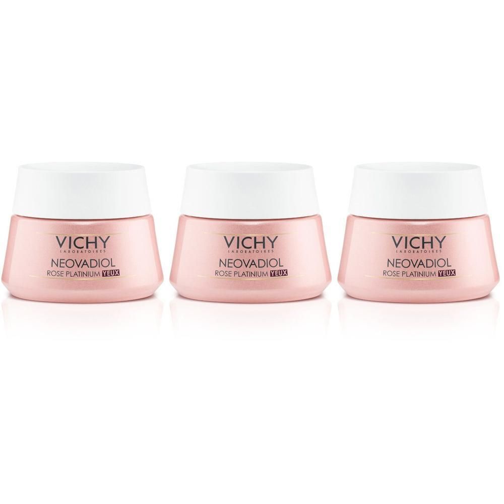 Trois pots roses avec couvercles blancs. Chaque pot porte l'inscription "Vichy Neovadiol Rose Platinum".