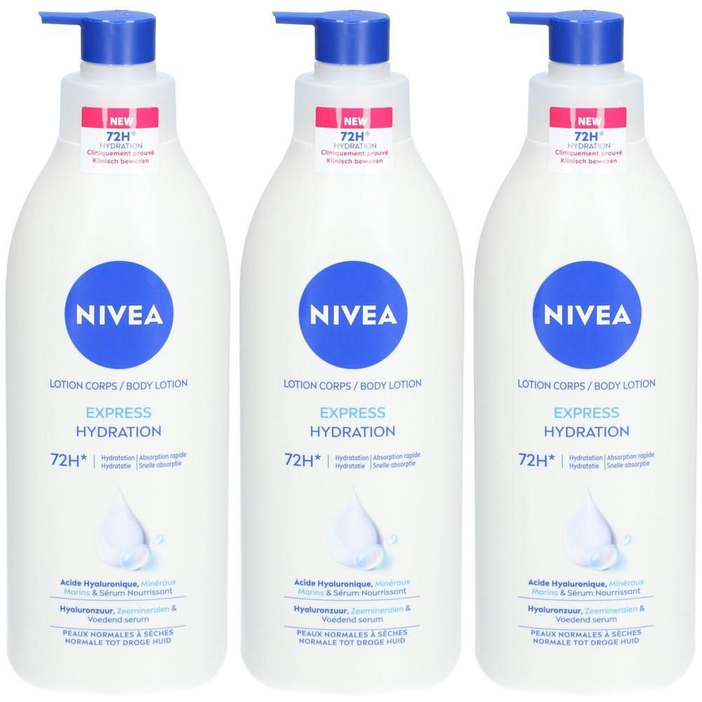 Drie witte flessen met blauwe pomp. Elke fles heeft NIVEA, EXPRESS HYDRATION en 72H. Roze labels met tekst.