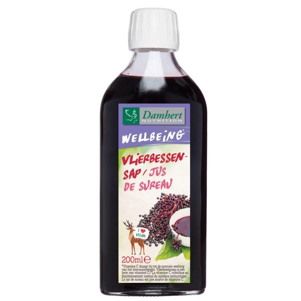 Fles paarse siroop. Opschrift: Damhert Wellbeing, Vlierbessensap/Jus de Sureau. Vegan label. 200ml.