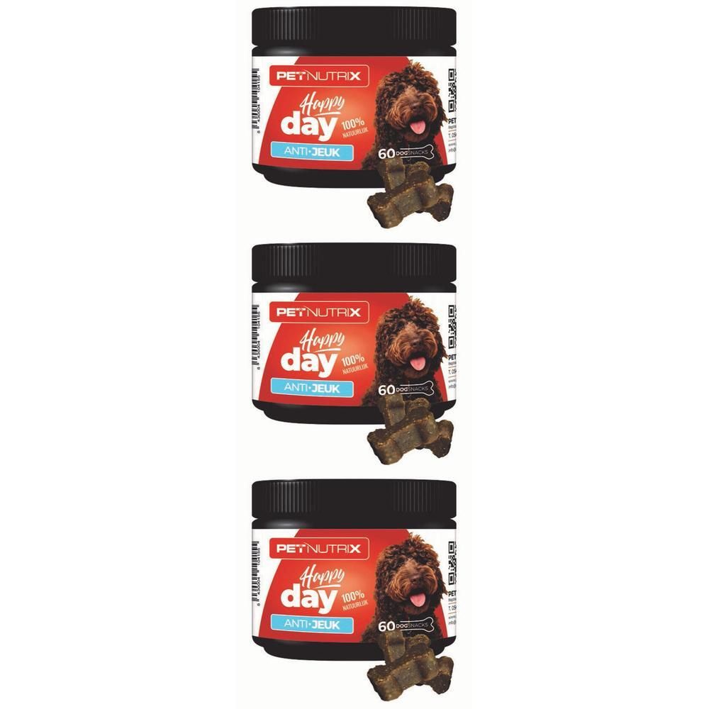 Trois boîtes "Happy Day Anti-Démangeaisons". Chaque boîte contient 60 pièces. Image d'un chien sur l'emballage.