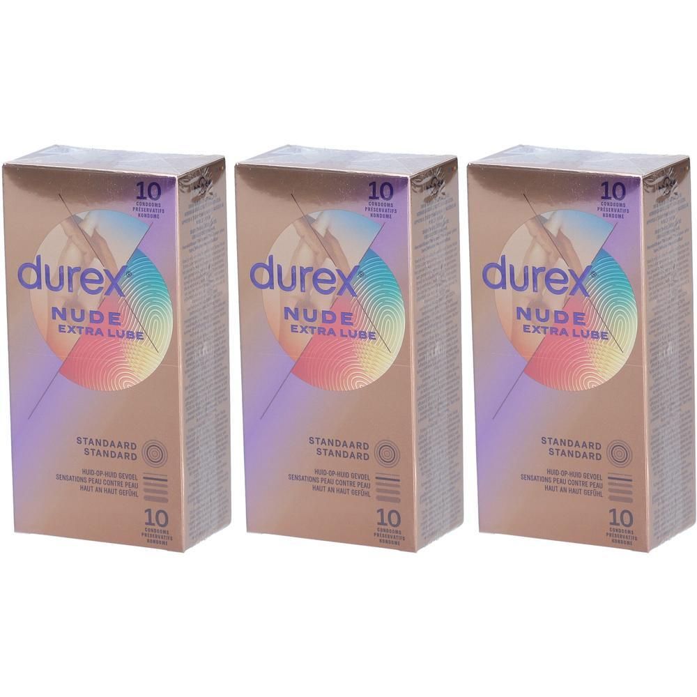 Trois boîtes de Durex Nude Extra Lube. Chaque boîte affiche le logo et le texte "10".