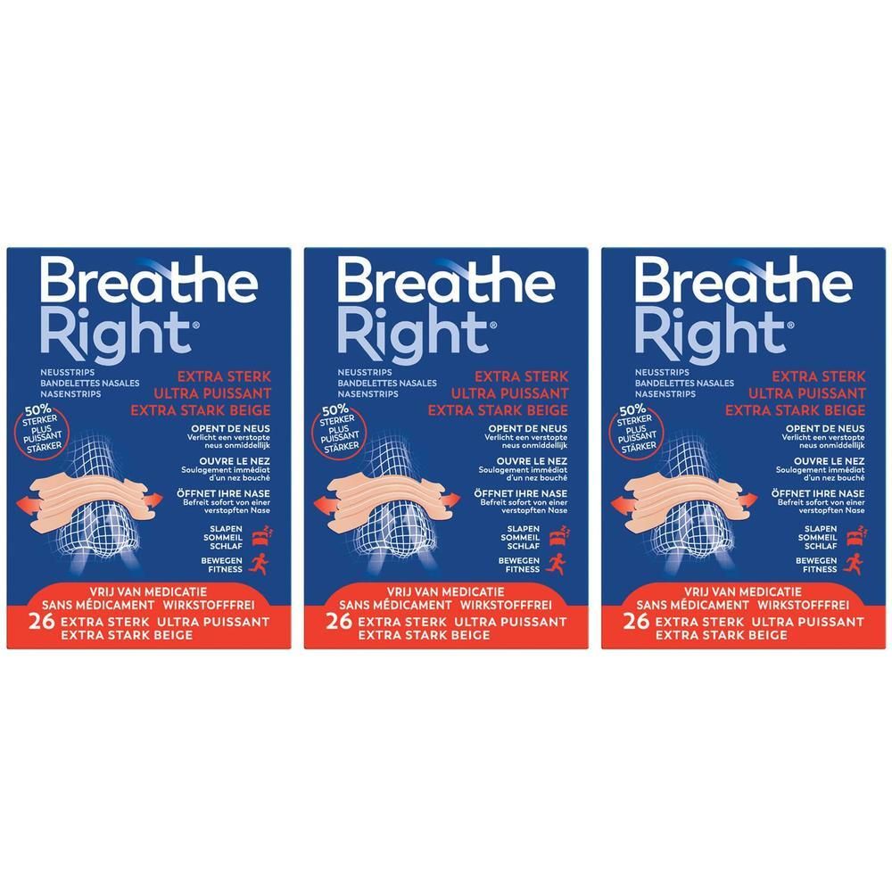 Trois boîtes de Breathe Right, bandes nasales extra fortes, beiges. 26 unités par boîte.