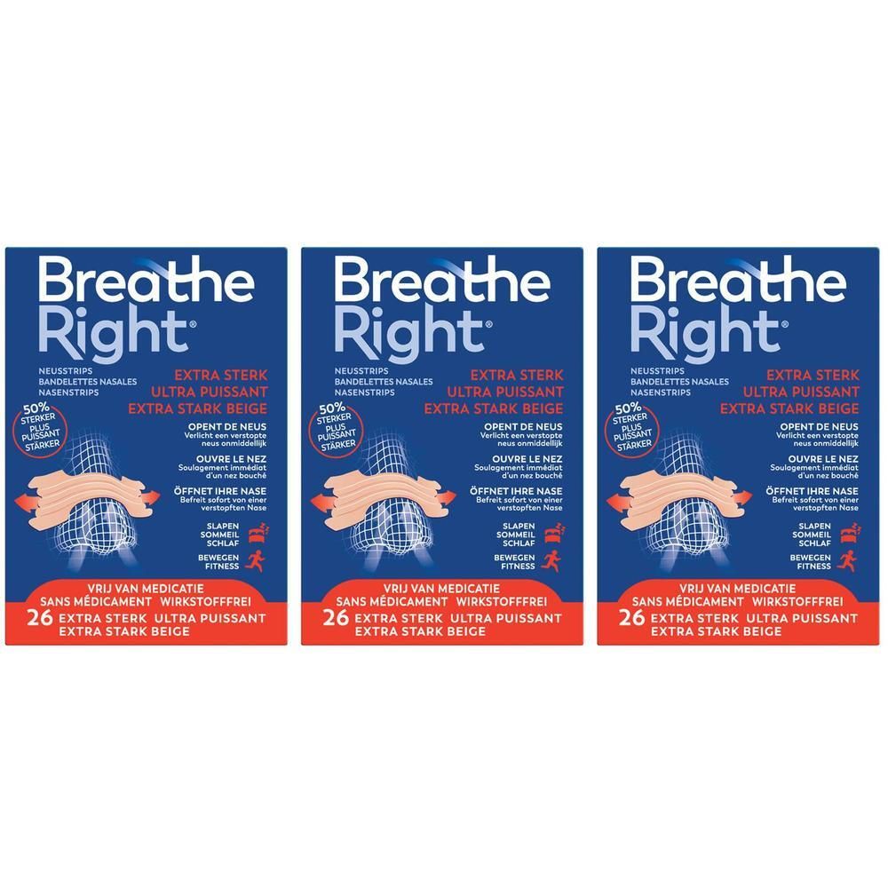 Drie verpakkingen Breathe Right neusstrips, extra sterk, beige. 26 stuks per verpakking.