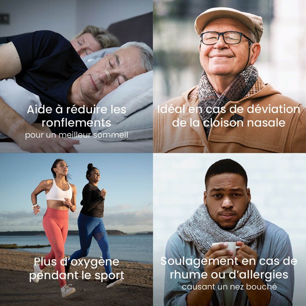 Quatre images: ronflements, déviation nasale, rhume, allergies. Personnes dans diverses situations.