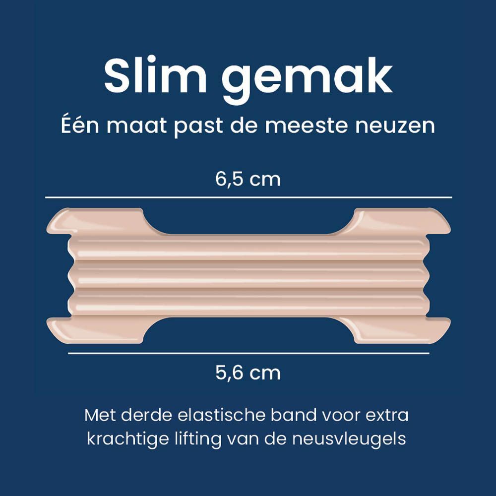 Neusstrip, 6,5 cm x 5,6 cm. Met derde elastische band voor extra krachtige lifting van de neusvleugels.