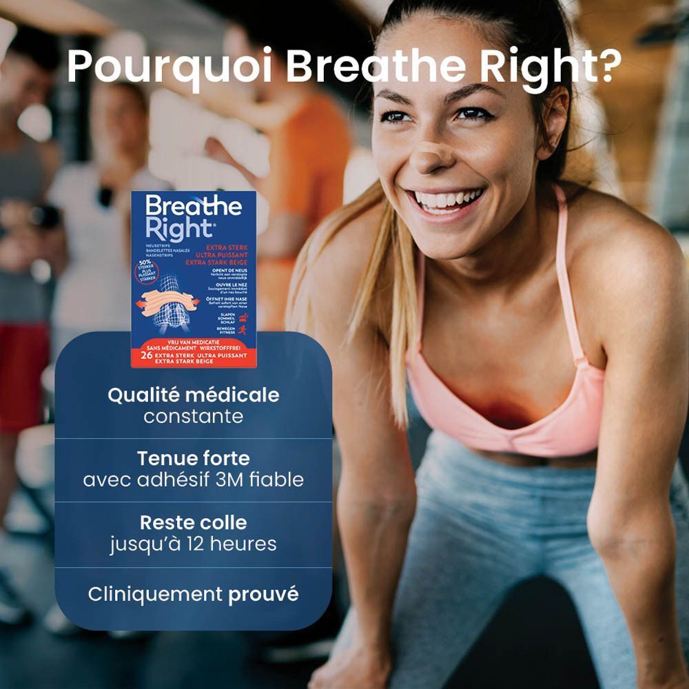 Femme dans une salle de sport. Boîte Breathe Right. Qualité médicale, adhésif fort, jusqu'à 12 heures.