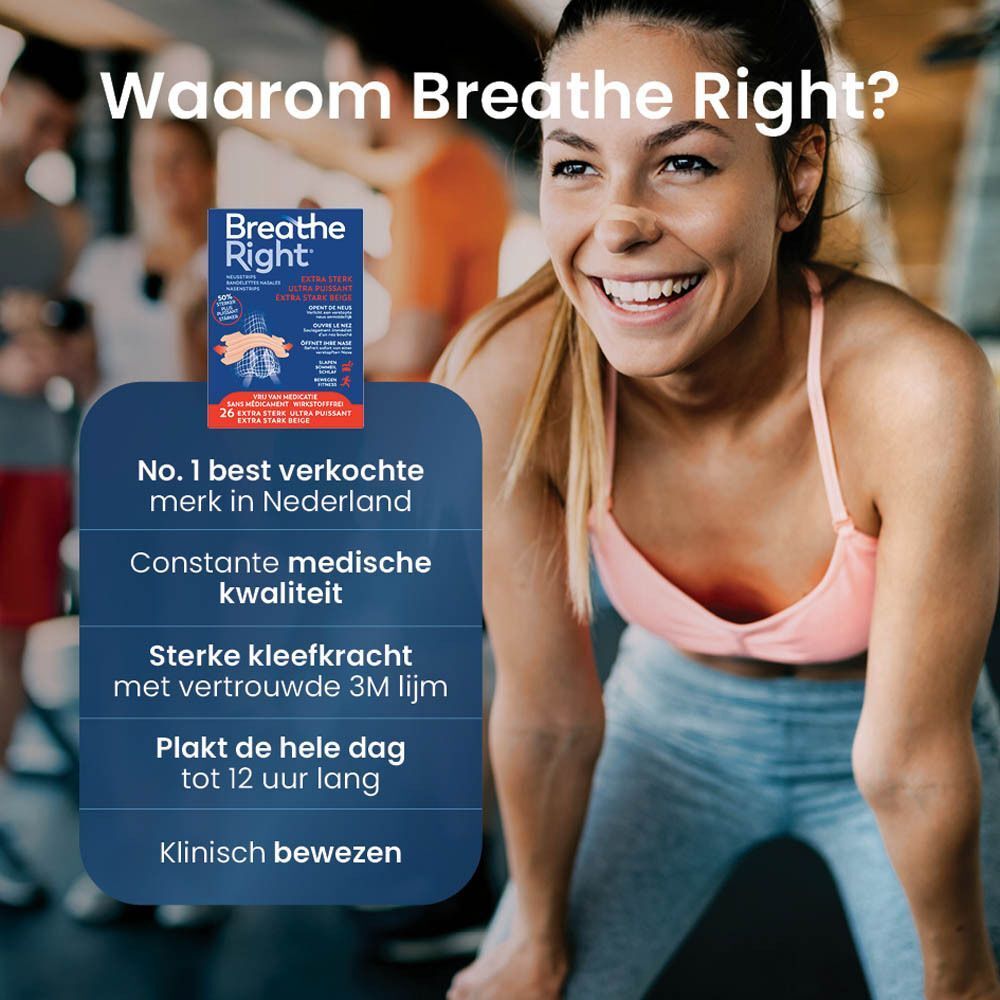 Vrouw in sportschool. Breathe Right verpakking. Medische kwaliteit, sterke lijm, tot 12 uur.