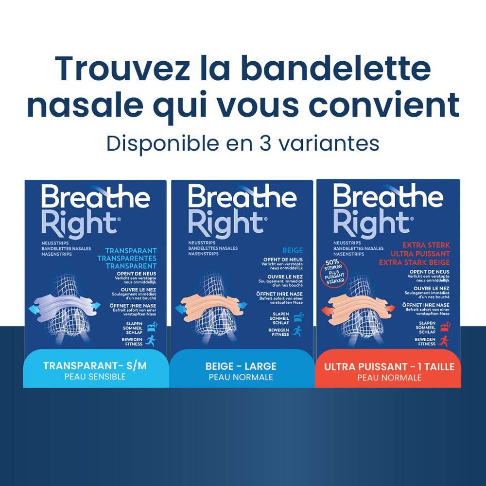 Trois boîtes Breathe Right: Transparent, Beige, Ultra Puissant. Peau sensible, peau normale, taille unique.