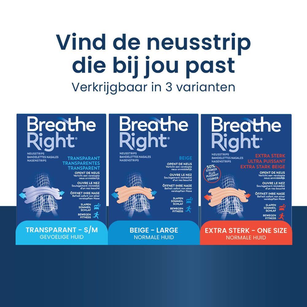 Drie Breathe Right verpakkingen: Transparant, Beige, Ultra Sterk. Gevoelige huid, normale huid, one size.